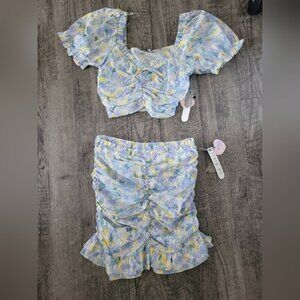 Story On Yellow and Blue Floral Blouse Top and Skirt Set